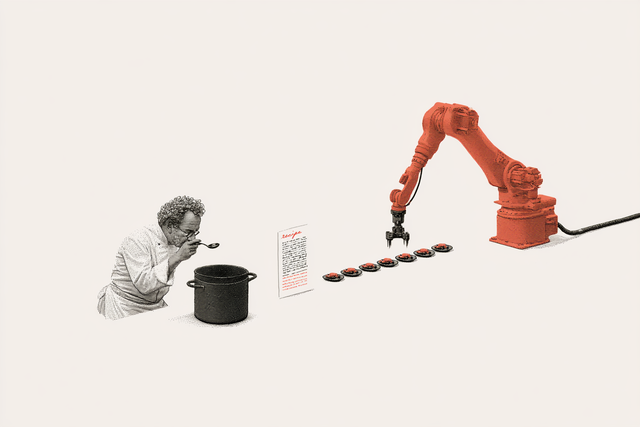 Illustration of a chef tasting from a pot beside a recipe, while a robotic arm plates identical dishes without tasting them