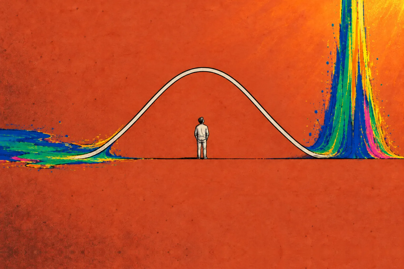 A lone figure standing in the empty middle of a white bell curve, its colour drained out to a low spill on one side and a tall bright spike on the other