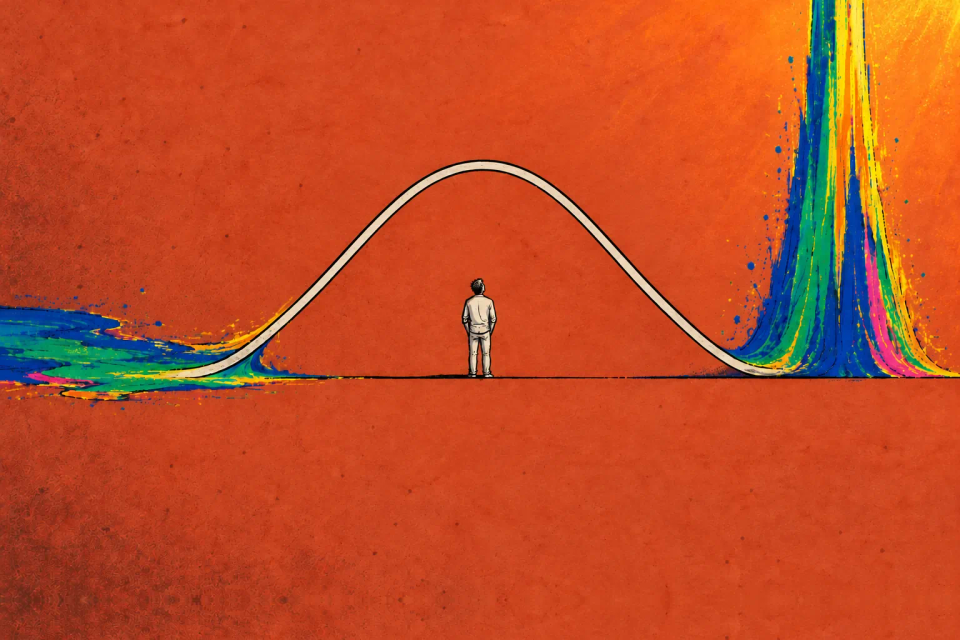 A lone figure standing in the empty middle of a white bell curve, its colour drained out to a low spill on one side and a tall bright spike on the other