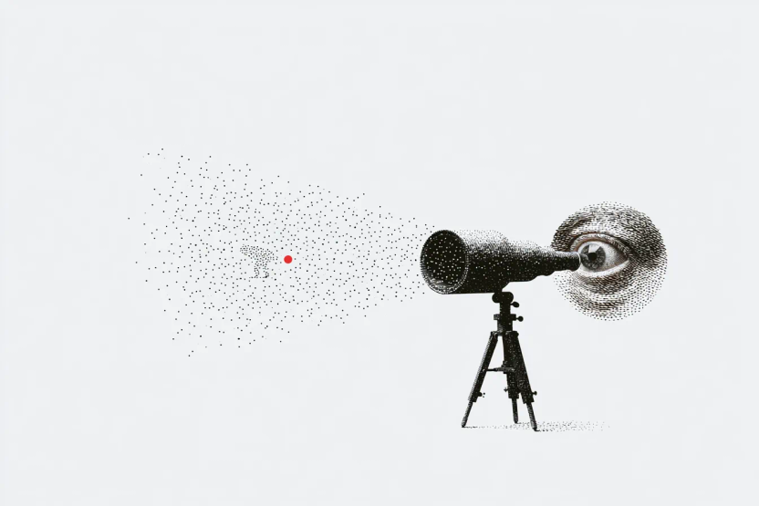 Illustration of an eye peering into a telescope that projects a spray of scattered dots, with a single red dot hidden in the field