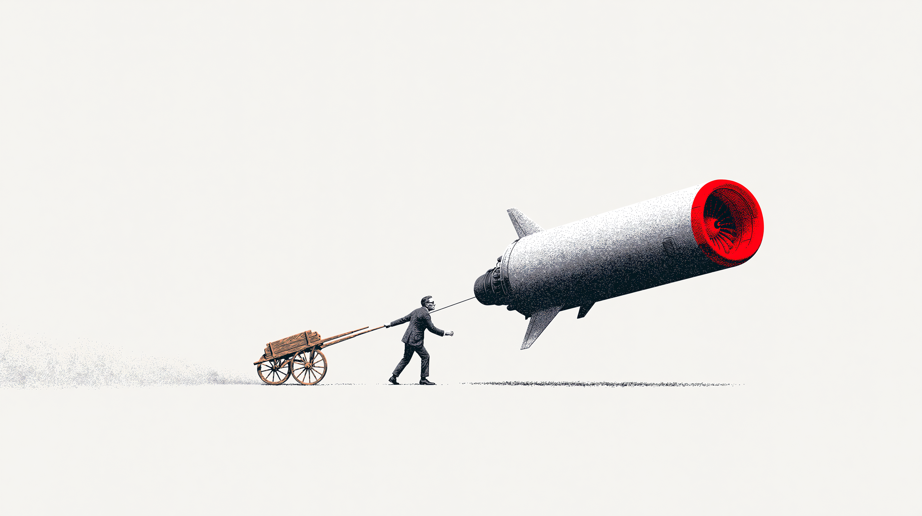 A suited figure hauls a wooden hand-cart hitched by a taut line to a launching jet engine, its intake glowing signal-red — a chalky editorial illustration of legacy weight pulled to modern speed.