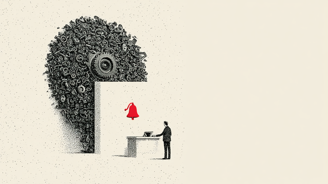 A giant head formed from a swirl of mechanical parts faces a small caped figure working at a laptop