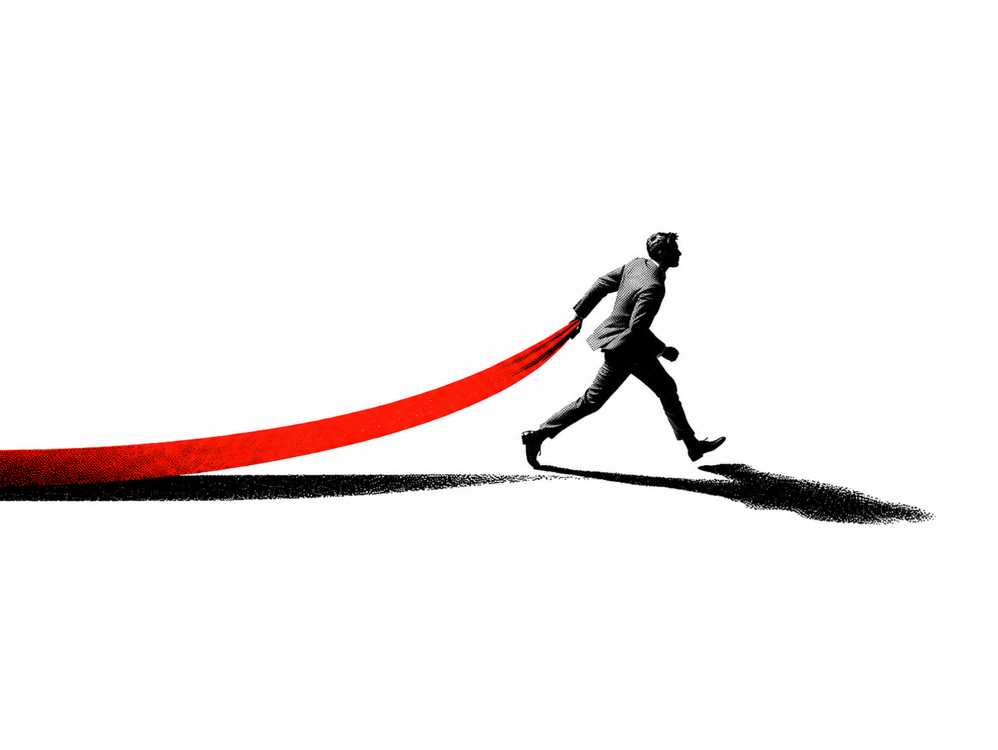 A suited figure strides forward, breaking a single red finish tape — a chalky editorial illustration of a bottleneck cleared.
