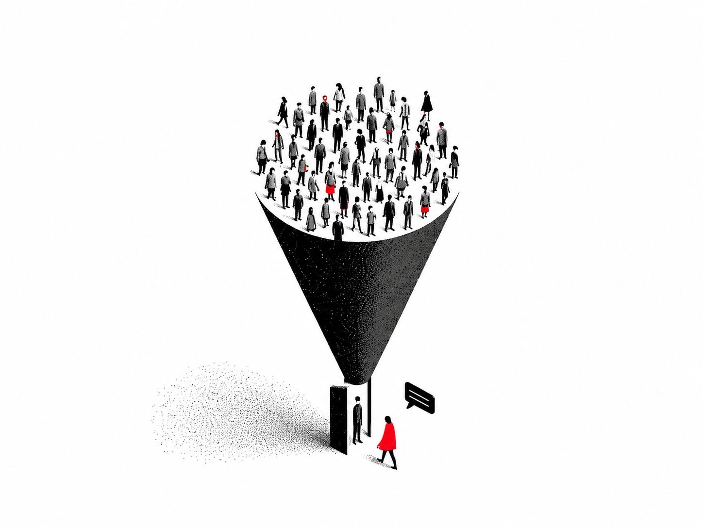 A wide funnel gathers a large, scattered crowd and channels them down to a single doorway, where one figure steps through toward a chat bubble - many prospects becoming a stream of qualified, self-selected leads.