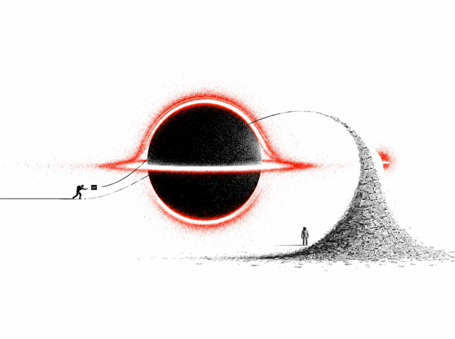 An ink illustration: a tethered astronaut holding a code snippet leans toward a red-ringed black hole, while on the right a mound of paper spirals up into a distant point of light
