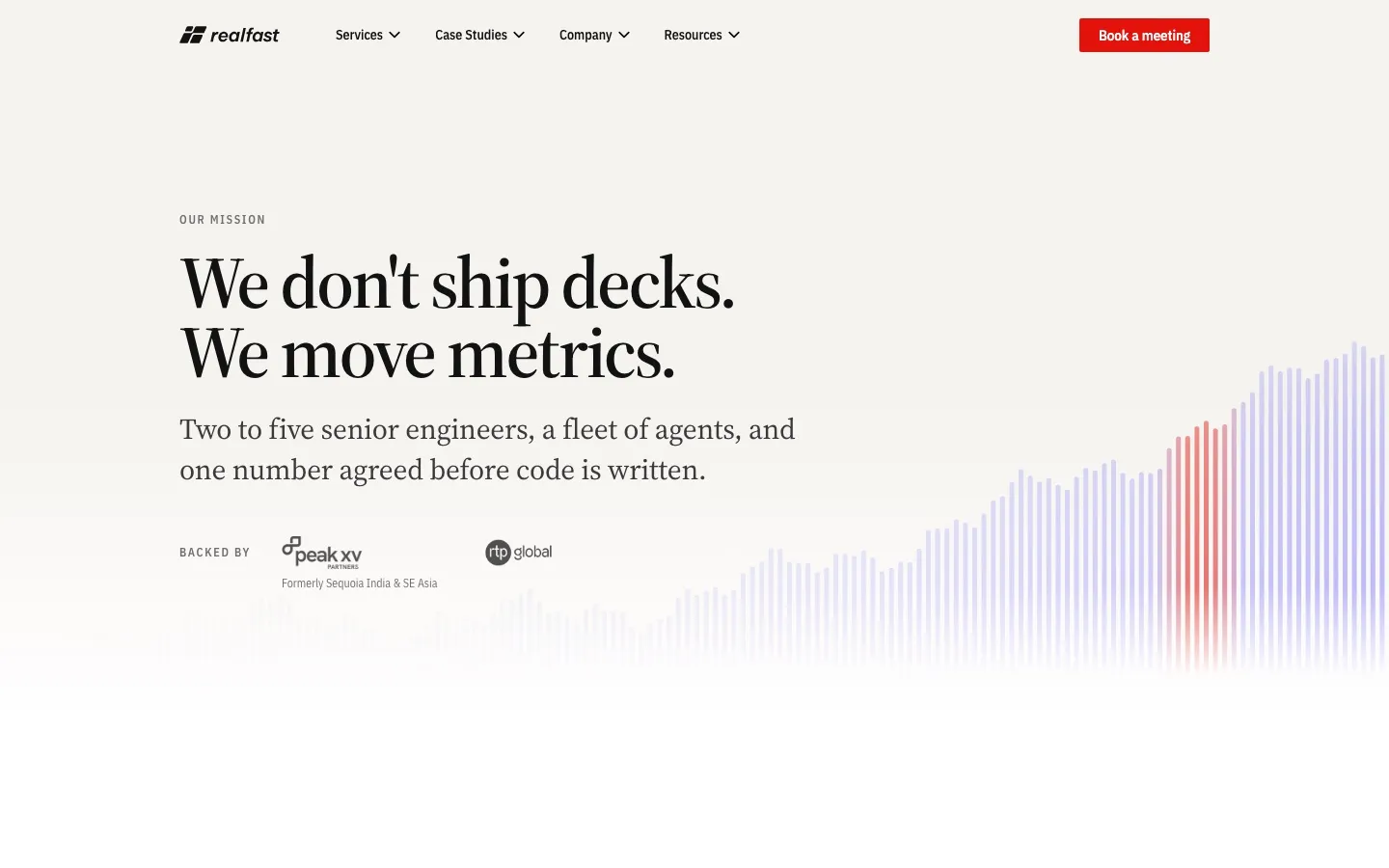 realfast about page: We don’t ship decks. We move metrics.
