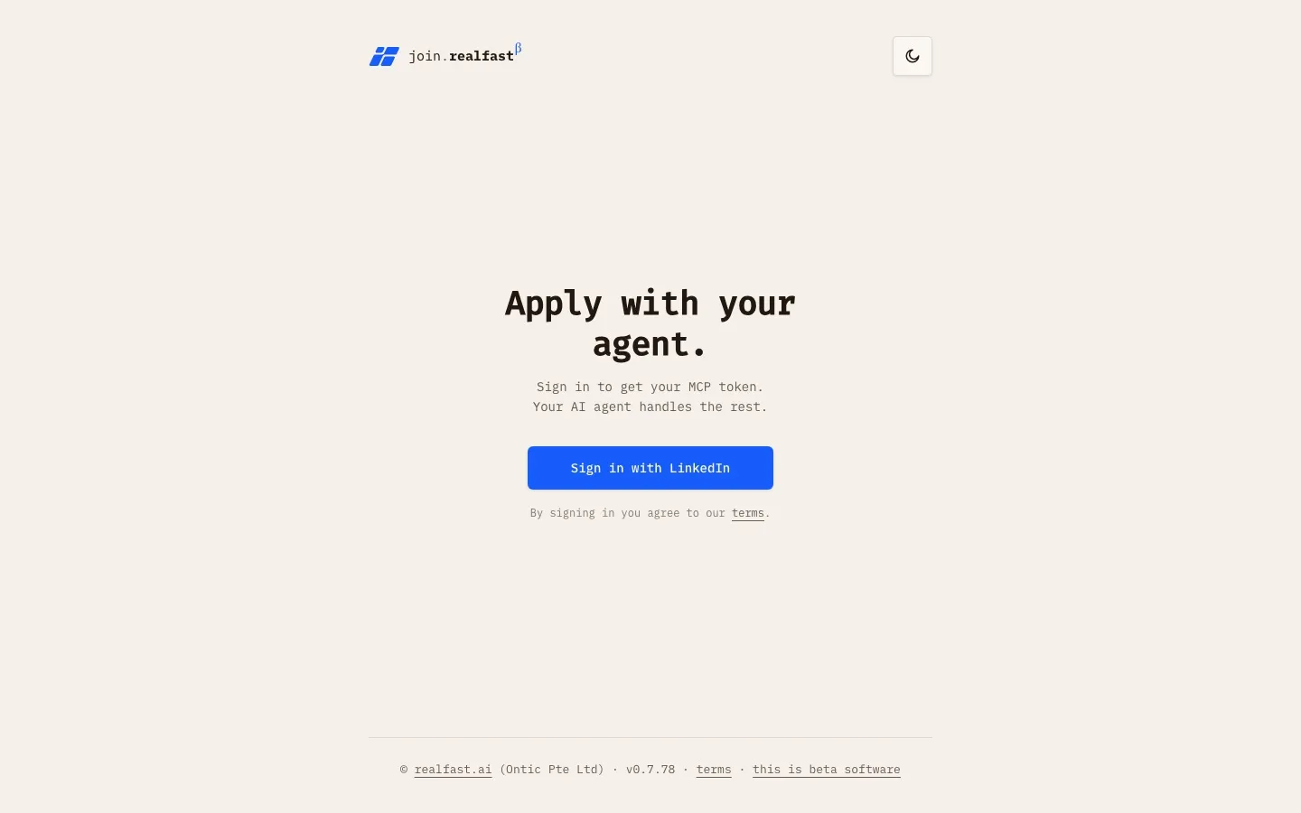 join.realfast.ai: Apply with your agent. Sign in to get your MCP token. Your AI agent handles the rest.