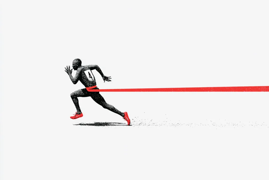 Grainy ink illustration of a sprinter breaking a red finish tape.