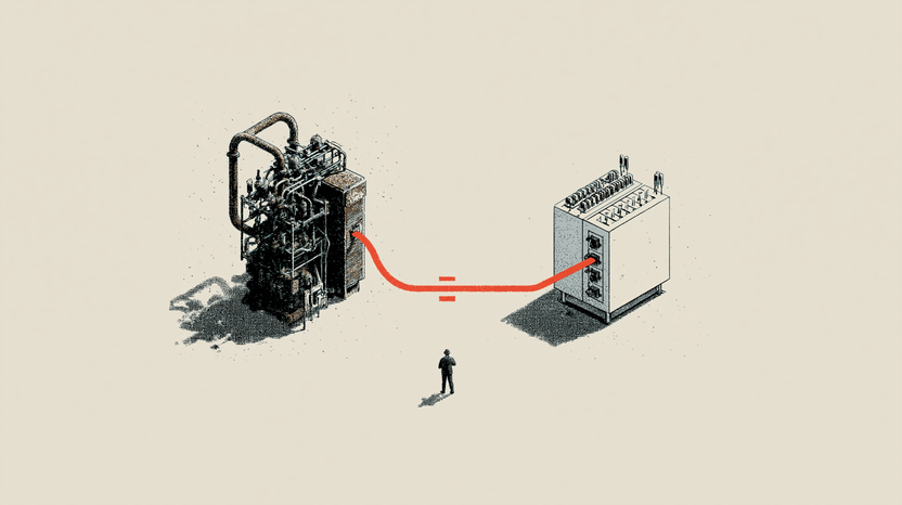 An isometric ink illustration: a grimy, decades-old industrial engine on the left connected by a red line to a clean modern cabinet on the right, with a small figure standing between them