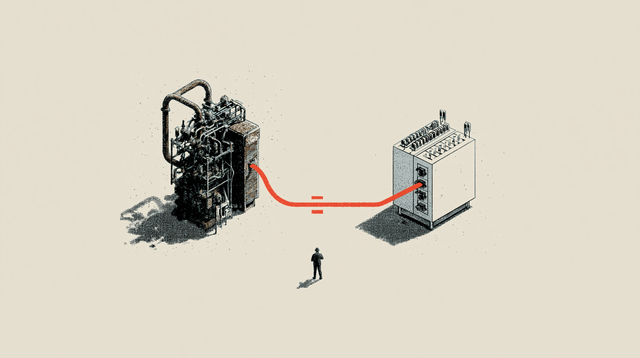 An isometric ink illustration: a grimy, decades-old industrial engine on the left connected by a red line to a clean modern cabinet on the right, with a small figure standing between them