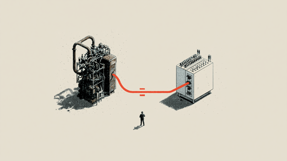 An isometric ink illustration: a grimy, decades-old industrial engine on the left connected by a red line to a clean modern cabinet on the right, with a small figure standing between them