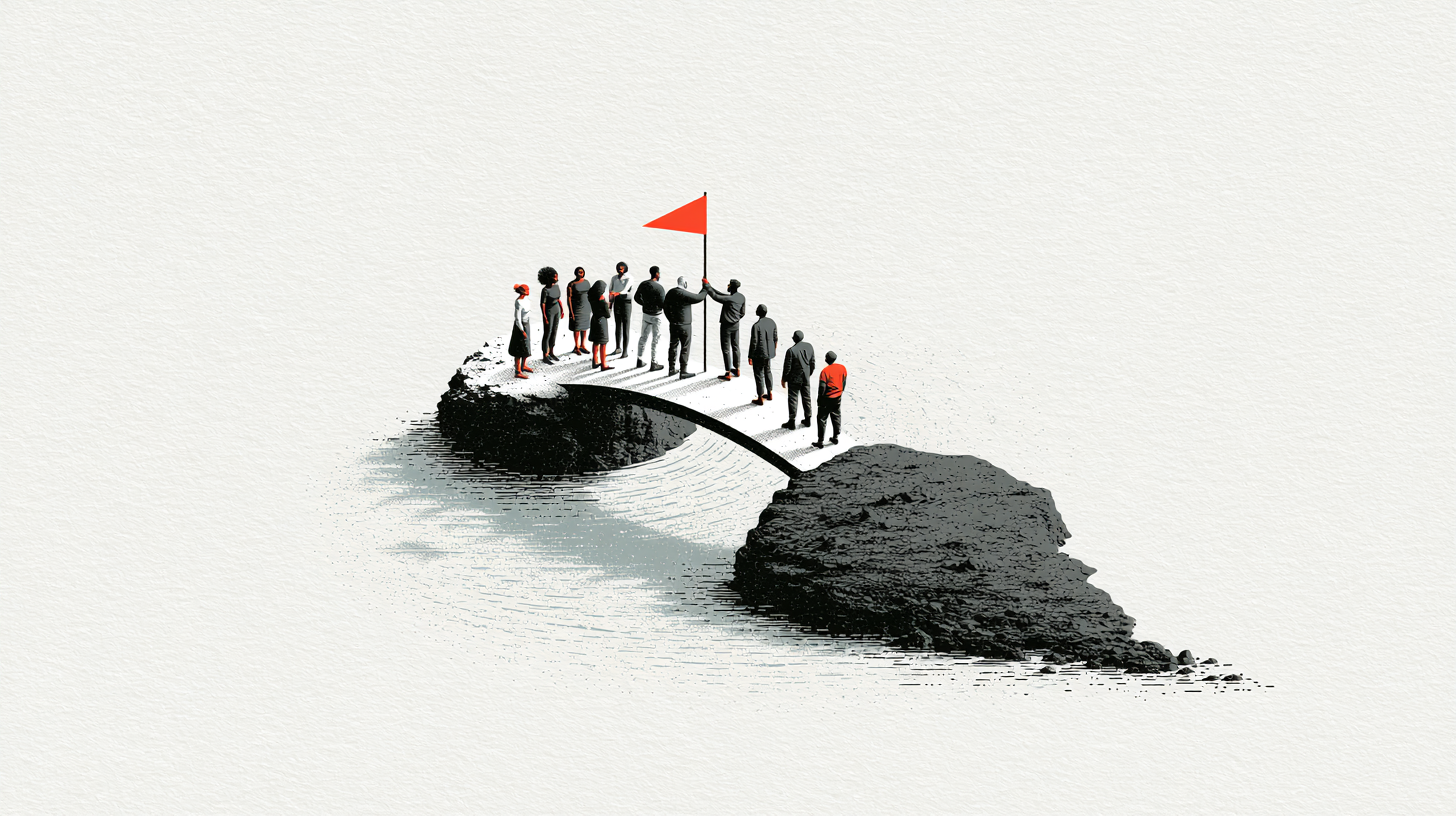 A team standing together on high ground, one planting a red flag, connected across a gap by a bridge - a shared summit reached together.